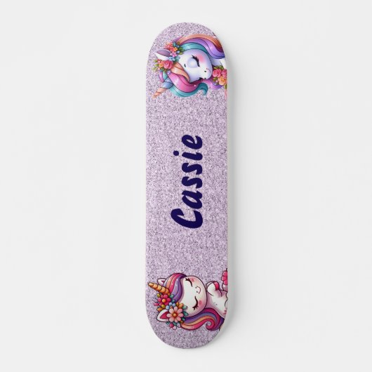 Skateboard Cute Unicorn Parties scintillant rose Personnalise (Devant)
