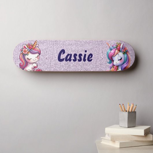 Skateboard Cute Unicorn Parties scintillant rose Personnalise