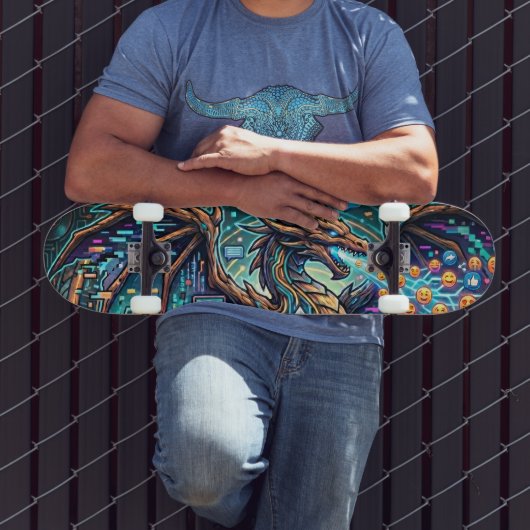 Skateboard Cyber-Neon Blue Dragon Glitch Art Mural Design (Extérieur 3)