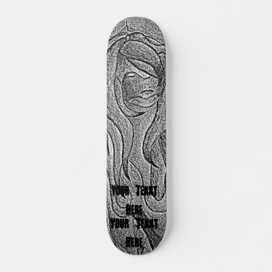 Skateboard dame de pose noire et blanche d'art abstrait rétro (Devant)