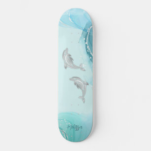 Skateboard Dauphins argentés vagues côtières votre nom