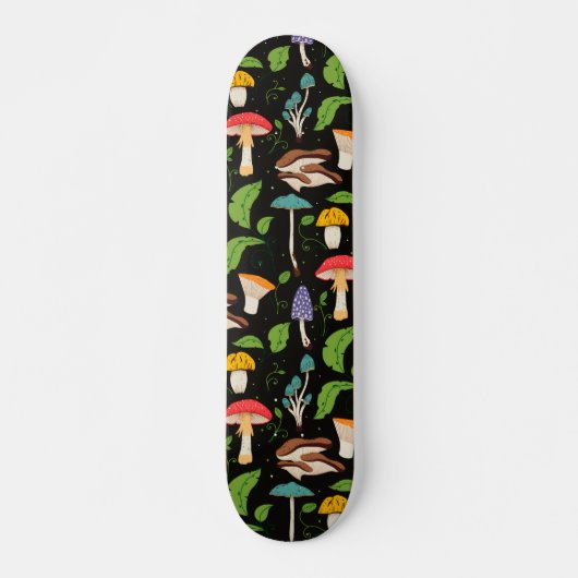 Skateboard Deep Forest Magic: Colorful Mushrooms on Black (Devant)