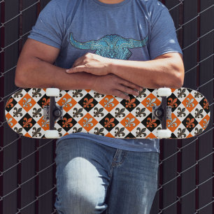 Skateboard Design Orange Noir Blanc À damiers Fleur de lis