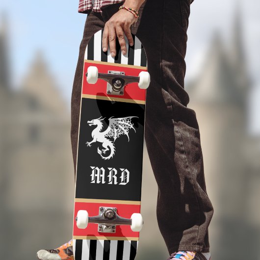Skateboard Dragon Black White Striped Monogram w Red Gold 