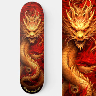 Skateboard Dragon chinois rouge et or