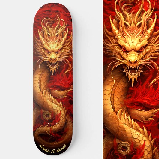 Skateboard Dragon chinois rouge et or