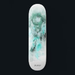 Skateboard *~* Dream Boho Catcher Sacré Tribal Shamanic Aqua<br><div class="desc">* Western BOHO American Watercolor Abstrait Dream Catcher Journey with nice Feathers as a Shamanic symbole for a Native American Spiritual Healer or BOHEMIAM design. * . *** Les couleurs sont principalement BLEU TURQUOISE, AQUA, sur BLANC. Ce design ésotérique populaire boho créatif abstrait attrapeur de rêve moderne et de plumes...</div>