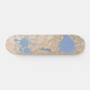 Skateboard Éclaboussure bleue sur vieux papier et nom