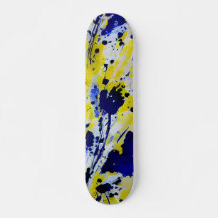 Skateboard Éclaboussure de peinture abstraite bleue jaune gra