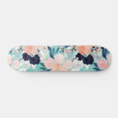 Skateboard Elégant bleu rose Fleurs de menthe Aquarelle Flora (Horz)