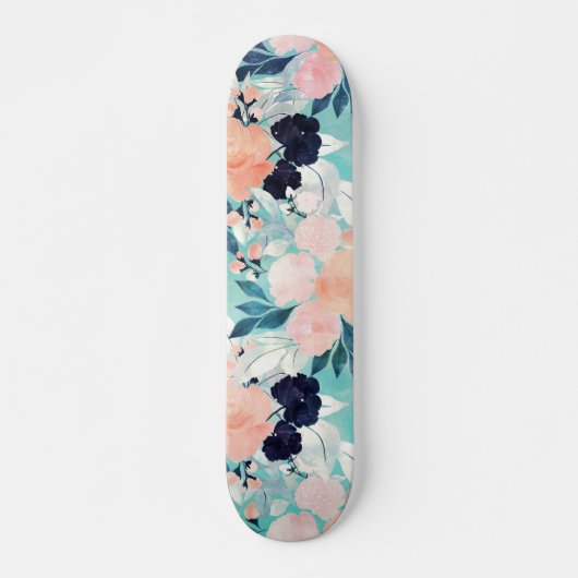 Skateboard Elégant bleu rose Fleurs de menthe Aquarelle Flora (Devant)