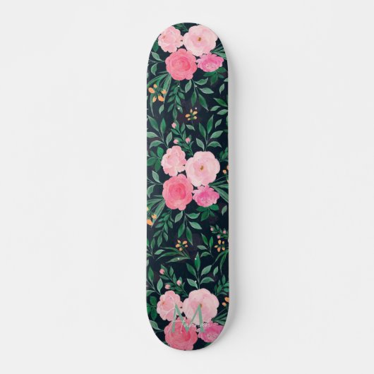 Skateboard Elégant bleu rose rose rose aquarelle florale Pein (Devant)