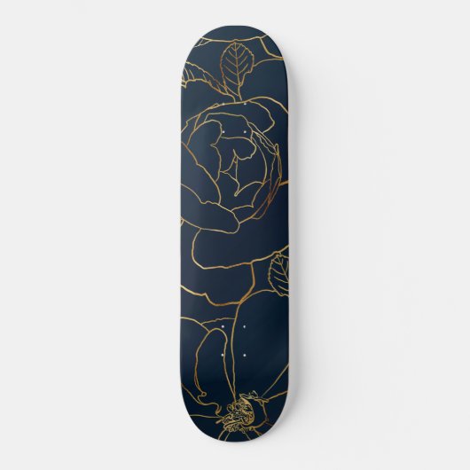 Skateboard Elegant Gold Roses Floral Drawing Blue Design (Recto)