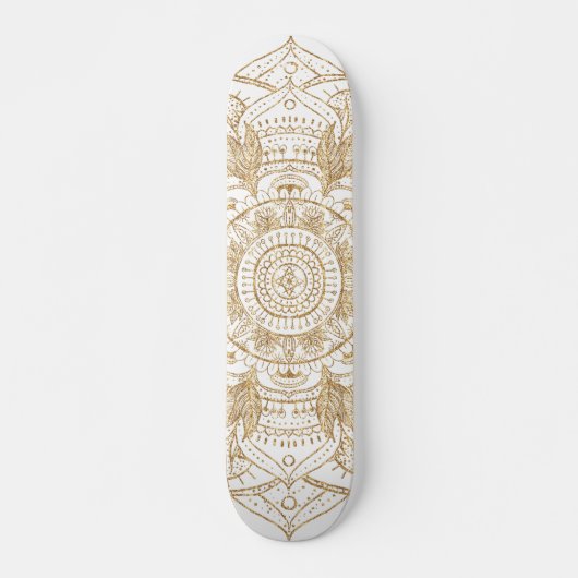 Skateboard Elégant Mandala Blanc & Or Dessiné À La Main (Devant)