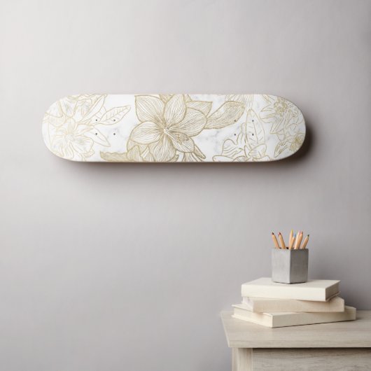 Skateboard Elégant moderne blanc gris or marbre floral (Art mural (Horz))
