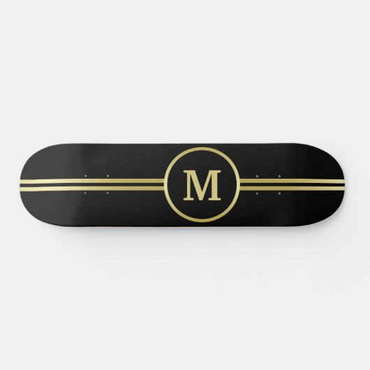 Skateboard Élégant or Monogramme personnalisé sur noir (Horz)