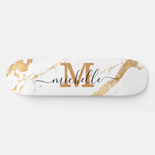 Skateboard Élégant script de monogramme en marbre doré (Horz)