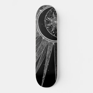Skateboard Elégant Silver Sun Moon Mandala Black Design