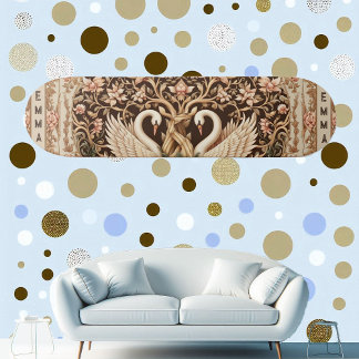 Skateboard Elegant Symmetry Swan Couple Art Deco Floral Motif
