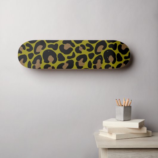 Skateboard Élégant vert olive et imprimé léopard noir (Art mural (Horz))