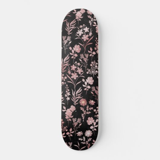 Skateboard Élégante Rose Fleurs d'or Noir Botanique (Recto)