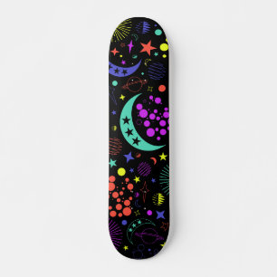 Skateboard Éléments célestes néons, étoiles, lunes, plan