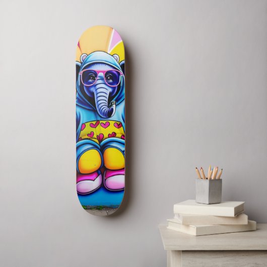 Skateboard éléphant bleu cool avec lunettes graffiti (Art mural)