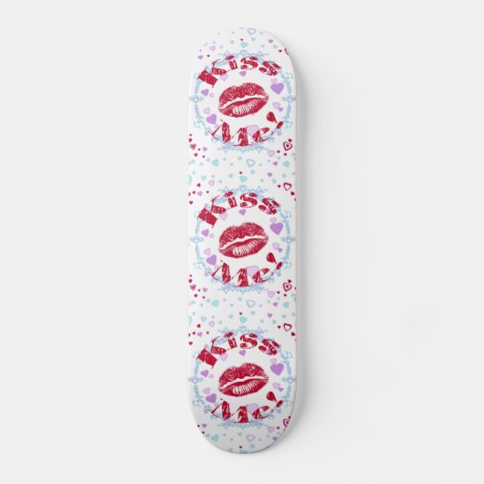 Skateboard Embrasse-Moi ! Lèvres Rouges Avec Coeurs (Recto)