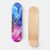 Skateboard Encre Liquide Violet Rouge Bleu, Monogramme & Nom (Recto)