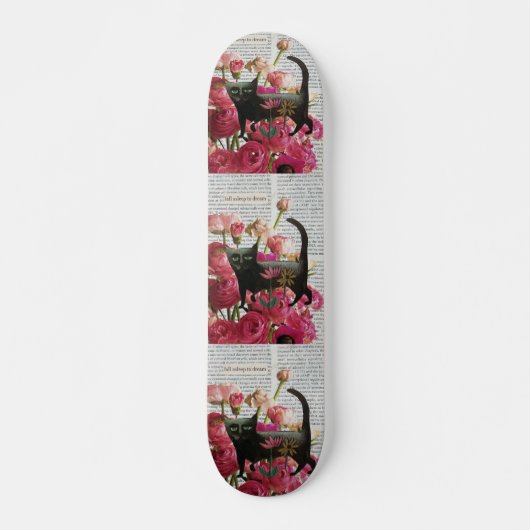 Skateboard Endormez-vous pour rêver Chat noir Fleurs roses ch (Devant)