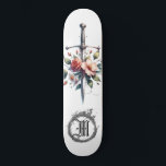 Skateboard *~* Feu AP88 Moyenne de l'épée Floral<br><div class="desc">(Code de recherche AP88 pour trouver des articles similaires ) Transfert facile vers d'autres produits Zazzle. Patinage arrière - plan BLANC avec PINK et couleur ROSE FLEURS MÉDIÉVAL SWORD pour tueurs de dragons avec FLEURS / éléments FLORAUX et avec ANNEAU de FEU / FLAMES / FLAME et lettre, MONOGRAMME INITIAL...</div>