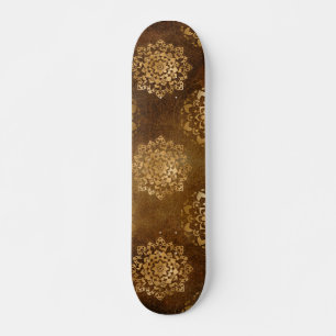 Skateboard Feuille d'or élégante et mandala indien noir