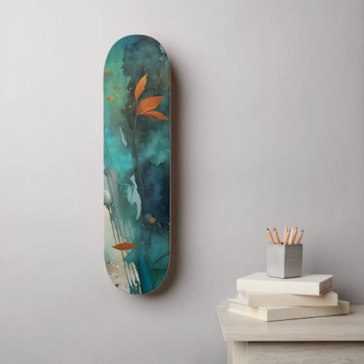 Skateboard Feuilles d'automne peinture Turquoise Rouille Or A (Art mural)