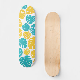 Skateboard Feuilles Monstera en Turquoise, Jaune et Blanc