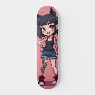 Skateboard Fille aux tatouages style cartoon