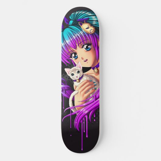 Skateboard Fille de Manga de chaton et de tresse (Recto)