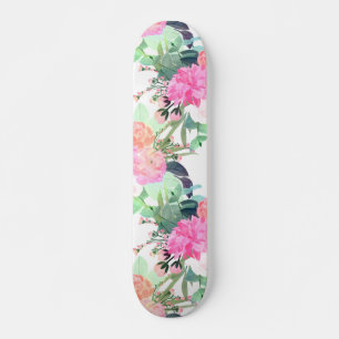 Skateboard Fille rose et blanc Fleurs Aquarelle Peinture