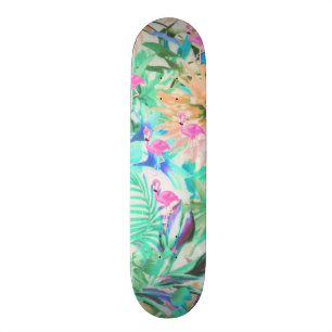 Skateboard Flamant floral rose turquoise tropical moderne