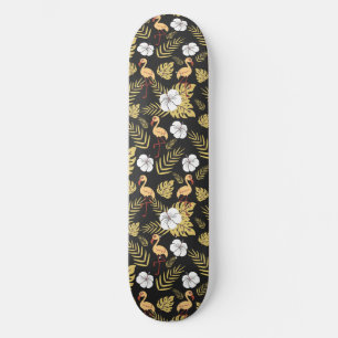Skateboard Flamant rose continu motif fleurs jaune et blanc