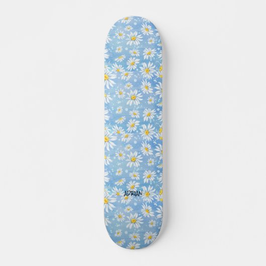Skateboard Fleur Chamomile bleu & nom ou texte (Devant)