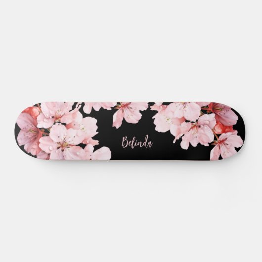 Skateboard Fleur de cerisier floral Monogramme Fille rose noi (Horz)