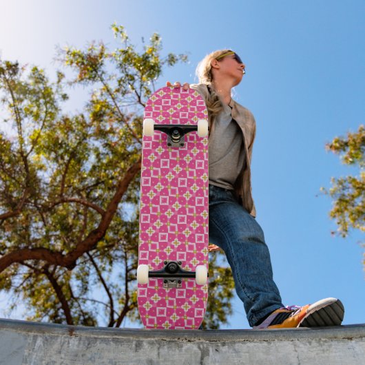 Skateboard Fleur de diamant rose vif scintillant (Extérieur 1)