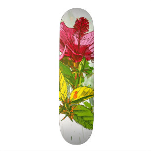 Skateboard Fleur de ketmie - peinture d'aquarelle