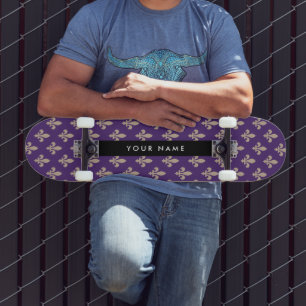 Skateboard Fleur de Lis, Beige sur Violet, Royal, Votre Nom