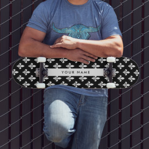 Skateboard Fleur de Lis, Blanc sur Noir, Blanc, Votre Nom