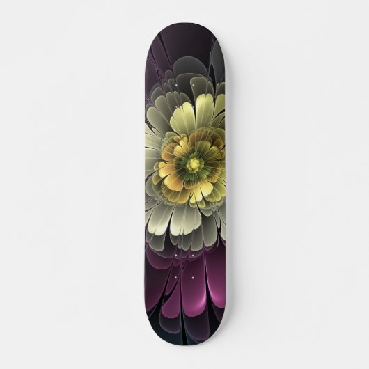 Skateboard Fleur fractale grise pourpre moderne abstraite (Devant)
