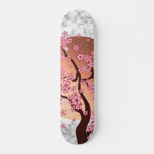 Skateboard Fleur Sakura Branche sur soleil doré sur marbre (Devant)