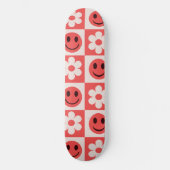 Skateboard Fleurs À damiers et visages heureux rouge (Recto)