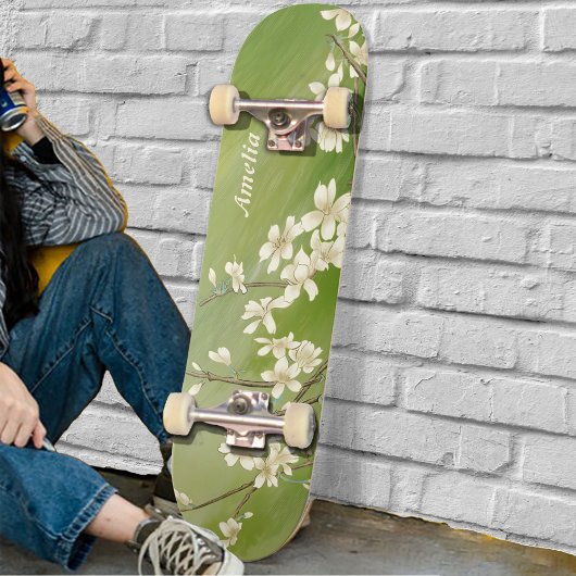 Skateboard Fleurs blanches vert printemps personnalisées en f