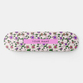 Skateboard Fleurs Colorées, Fond Rose, Rose (Horz)